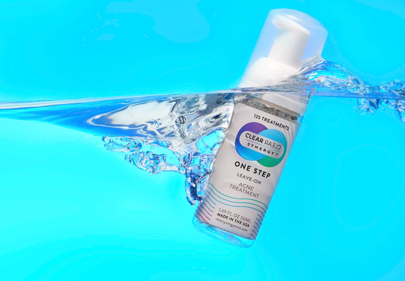 Bottle of ClearSynergy in blue water